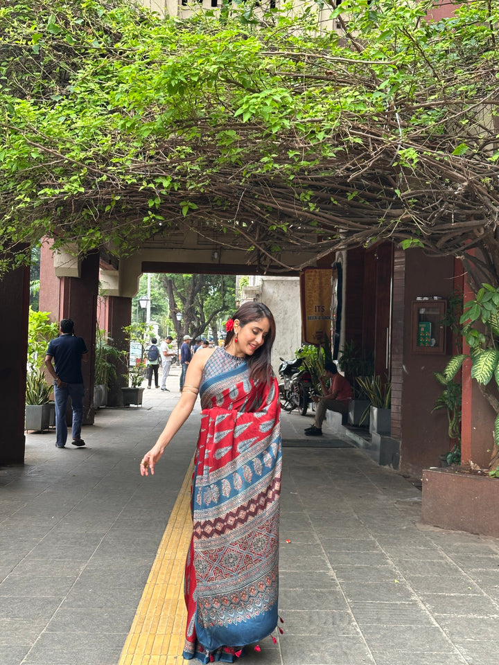 MADDER PINES - SUPER PREMIUM & BUTTERY SOFT AJRAKH HAND BLOCK PRINTED MODAL SILK SAREE (ONLY AVAILABLE ON PRE ORDER- DISPATCH TIME IS 35 TO 40 DAYS)