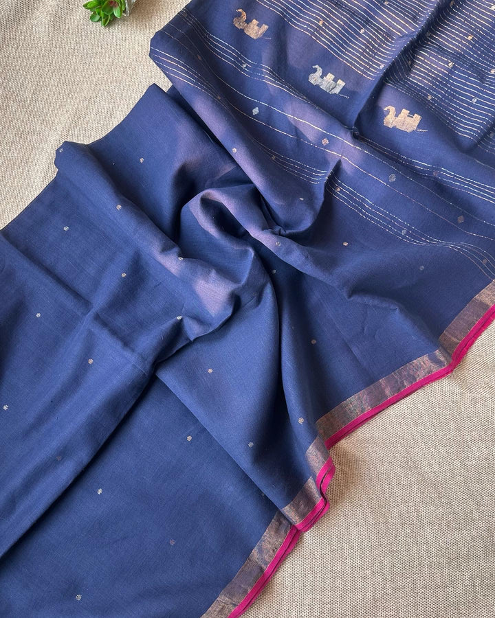 PREMIUM JAMDANI WEAVE HANDWOVEN AND HANDSPUN COTTON SAREE - PINK ON MIDNIGHT BLUE ( DISPATCH TIME IS 5-7 DAYS )