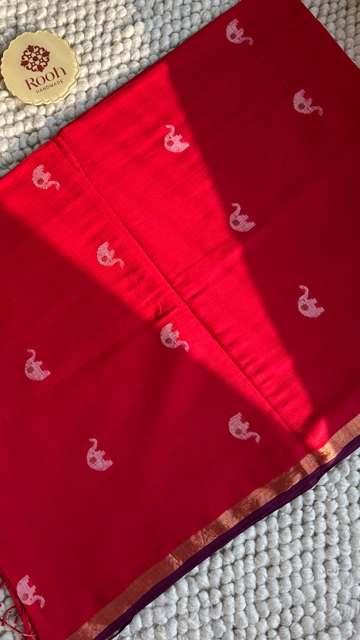 PREMIUM JAMDANI WEAVE HANDWOVEN AND HANDSPUN COTTON SAREE - CANDID RED