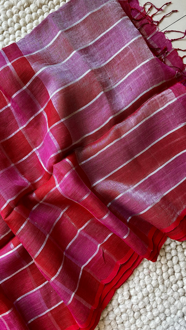 Multi Colour Checked Pure Handwoven Linen Saree - 004