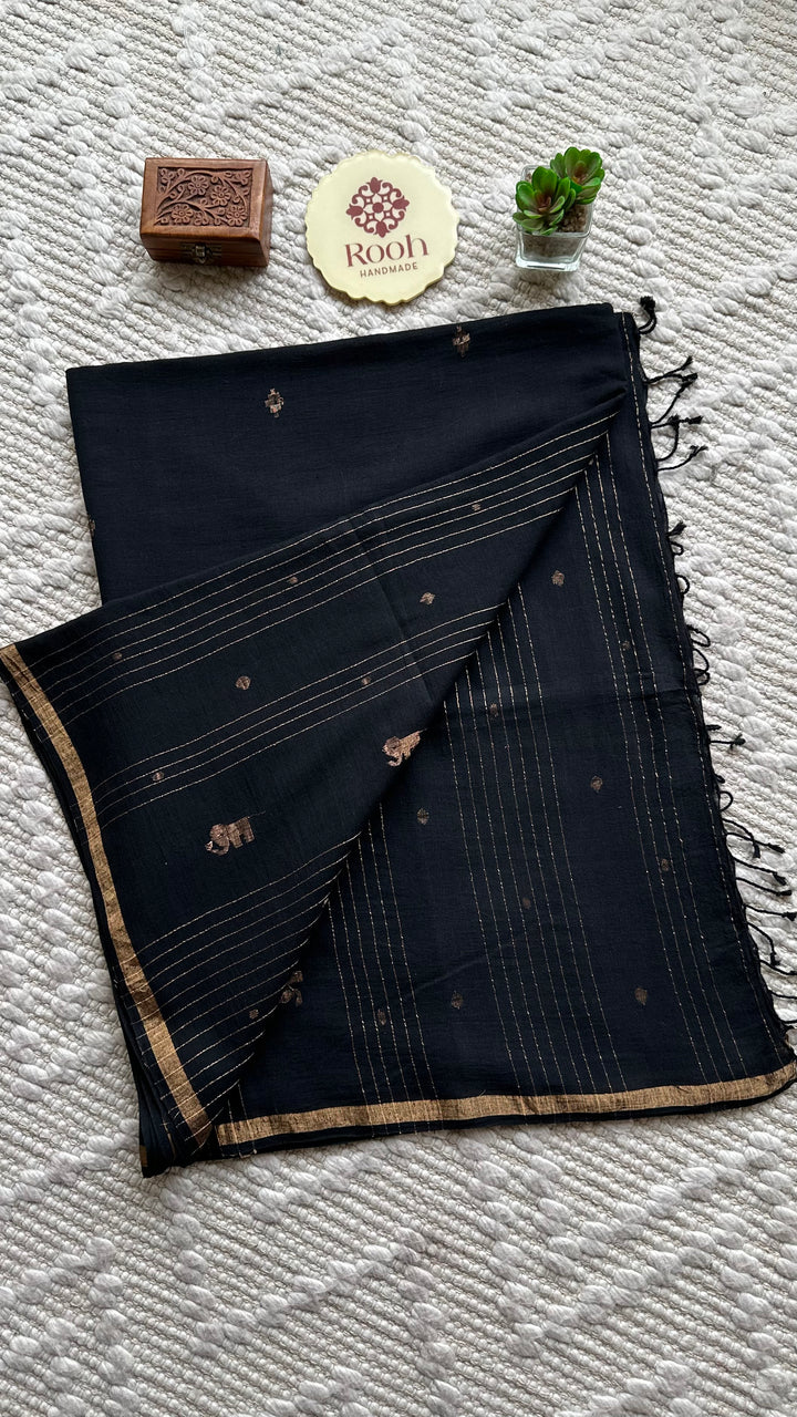 PREMIUM JAMDANI WEAVE HANDWOVEN AND HANDSPUN COTTON SAREE - RAVEN BLACK