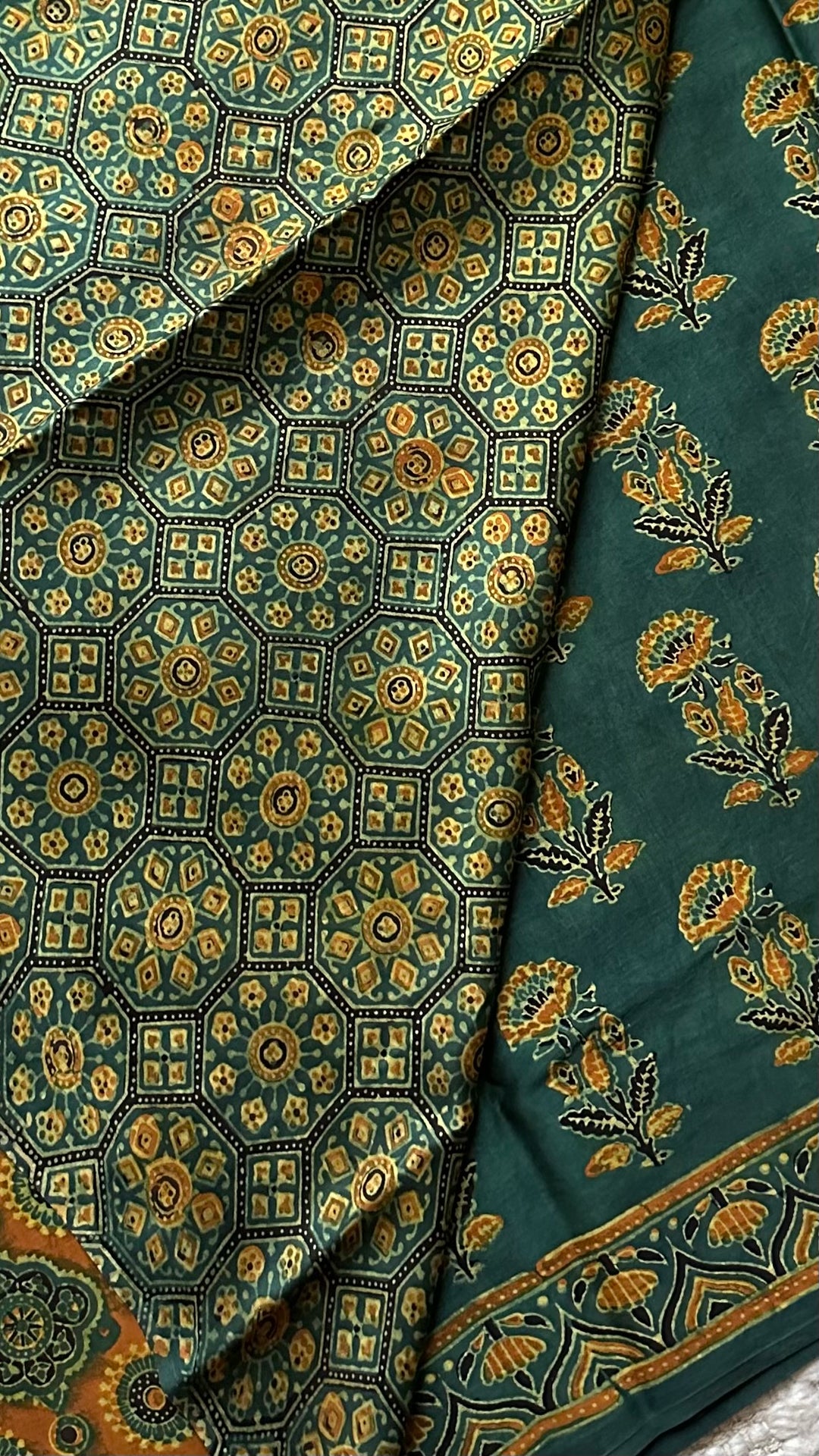 MAHIKA - DEEP GREEN PREMIUM AJRAKH HAND BLOCK PRINTED MODAL SILK SAREE