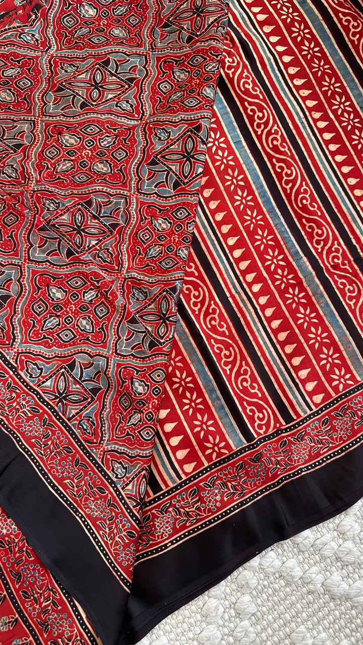 RAAHINI - MADDER RED PREMIUM AJRAKH HAND BLOCK PRINTED MODAL SILK SAREE