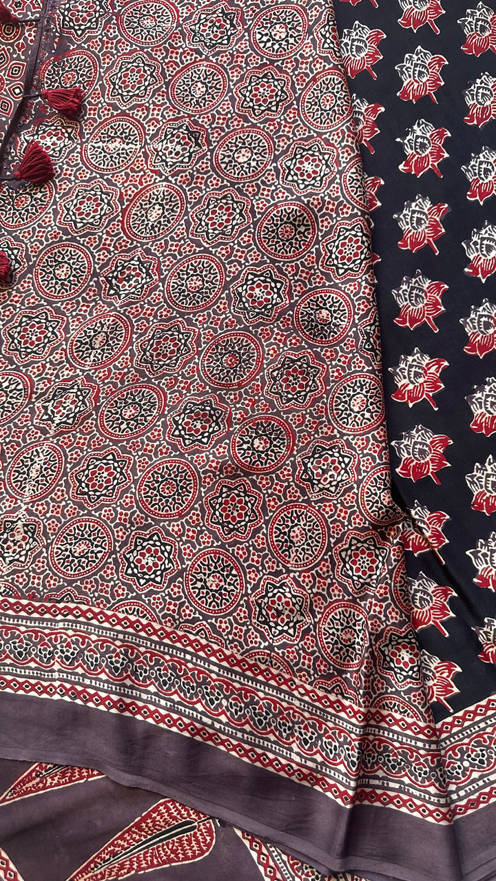 LOTUS BLOOMS 01 - SUPER PREMIUM & BUTTERY SOFT AJRAKH HAND BLOCK PRINTED MODAL SILK SAREE