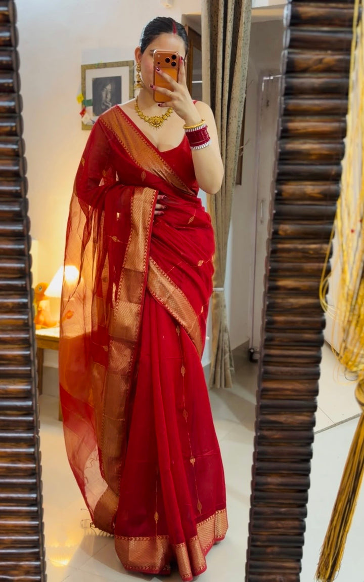VERMILLION RED - SUPER PREMIUM HANDWOVEN MAHESHWARI PURE SILK COTTON SAREE