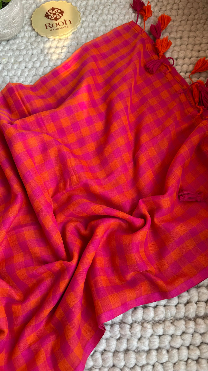 MULTICOLOUR CHECKS PURE SUPER SOFT MULMUL COTTON SAREE - 016
