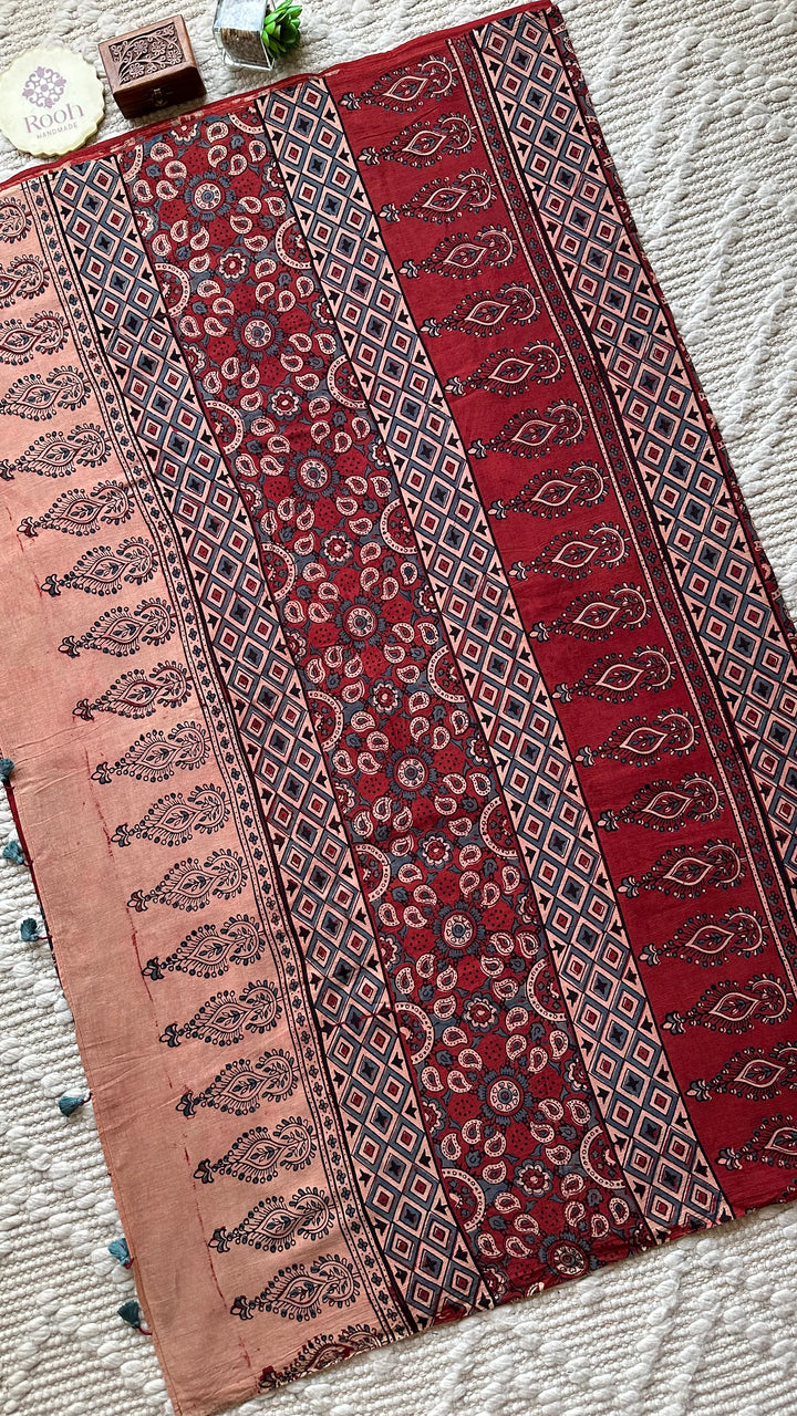 PREMIUM AJRAKH HAND BLOCK PRINTED PURE SOFT COTTON SAREE- 001