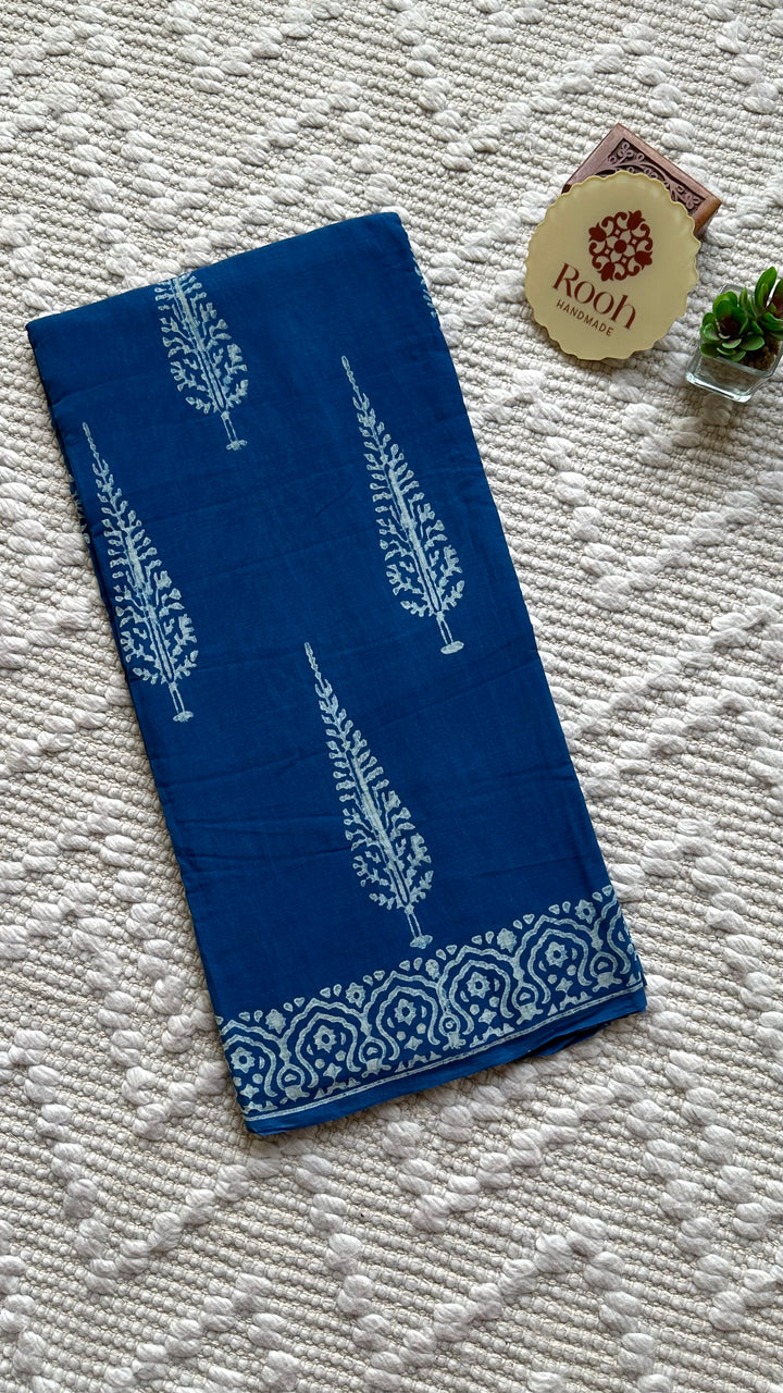 AKOLA INDIGO HAND BLOCK DABU PRINTED SOFT MULMUL COTTON SAREE- 016