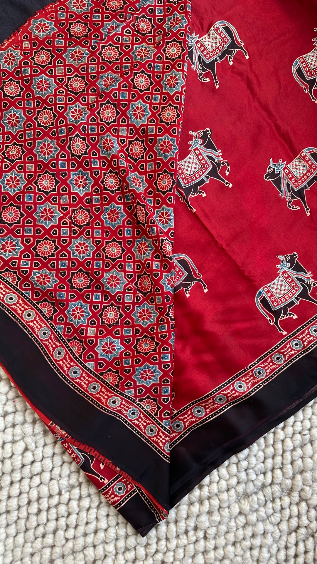 MADDER RED & BLACK PICHWAI NANDI - AJRAKH HAND BLOCK PRINTED PREMIUM MODAL SILK SAREE (AVAILABLE ON PRE-ORDER - DISPATCH TIME IS 30-35 DAYS)