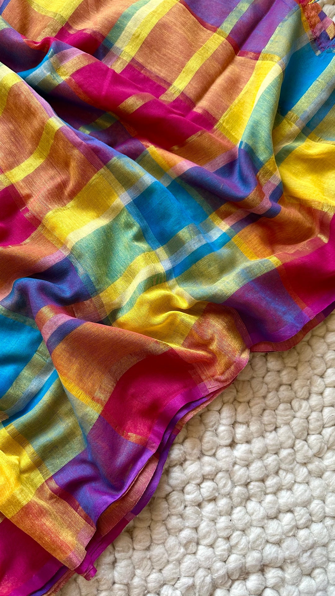 HANDWOVEN MULTICOLOUR ZARI CHECKS PURE MULMUL COTTON SAREE - 09