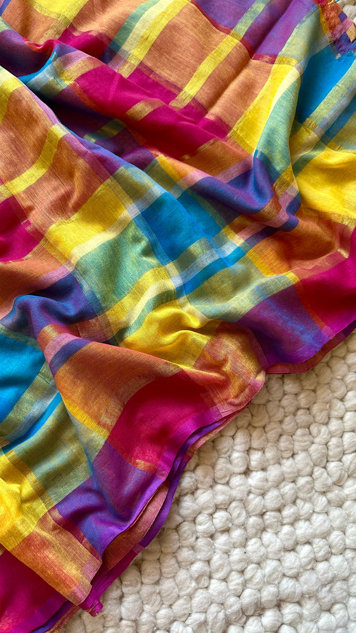 HANDWOVEN MULTICOLOUR ZARI CHECKS PURE MULMUL COTTON SAREE - 09