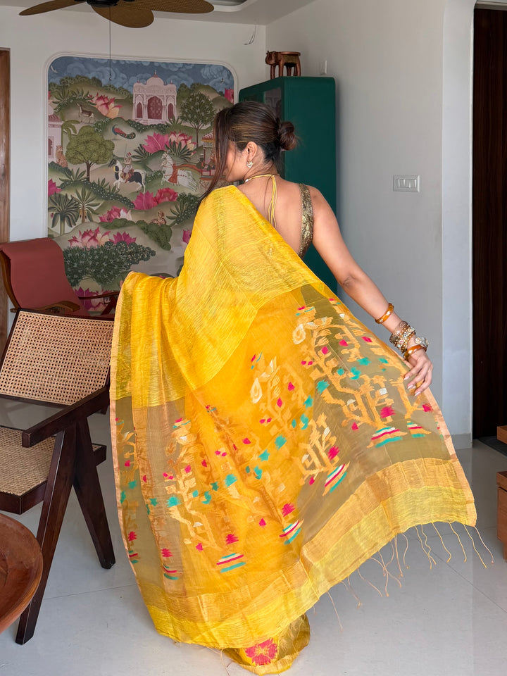 SUPER PREMIUM HANDWOVEN JAYASHREE LINEN BY TISSUE SILK NEEDLE-WORK JAMDANI SAREE - MUSTARD YELLOW