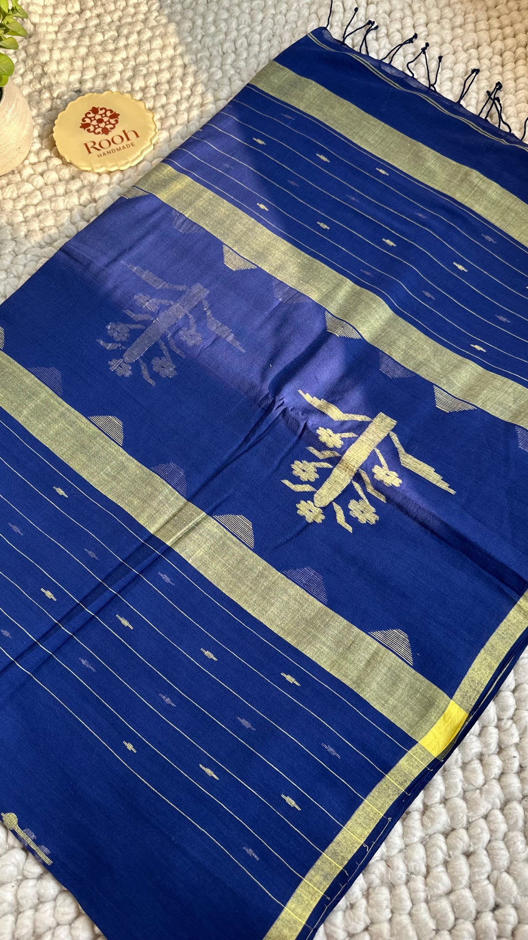 PREMIUM JAMDANI WEAVE HANDWOVEN AND HANDSPUN COTTON SAREE - SAPPHIRE BLUE
