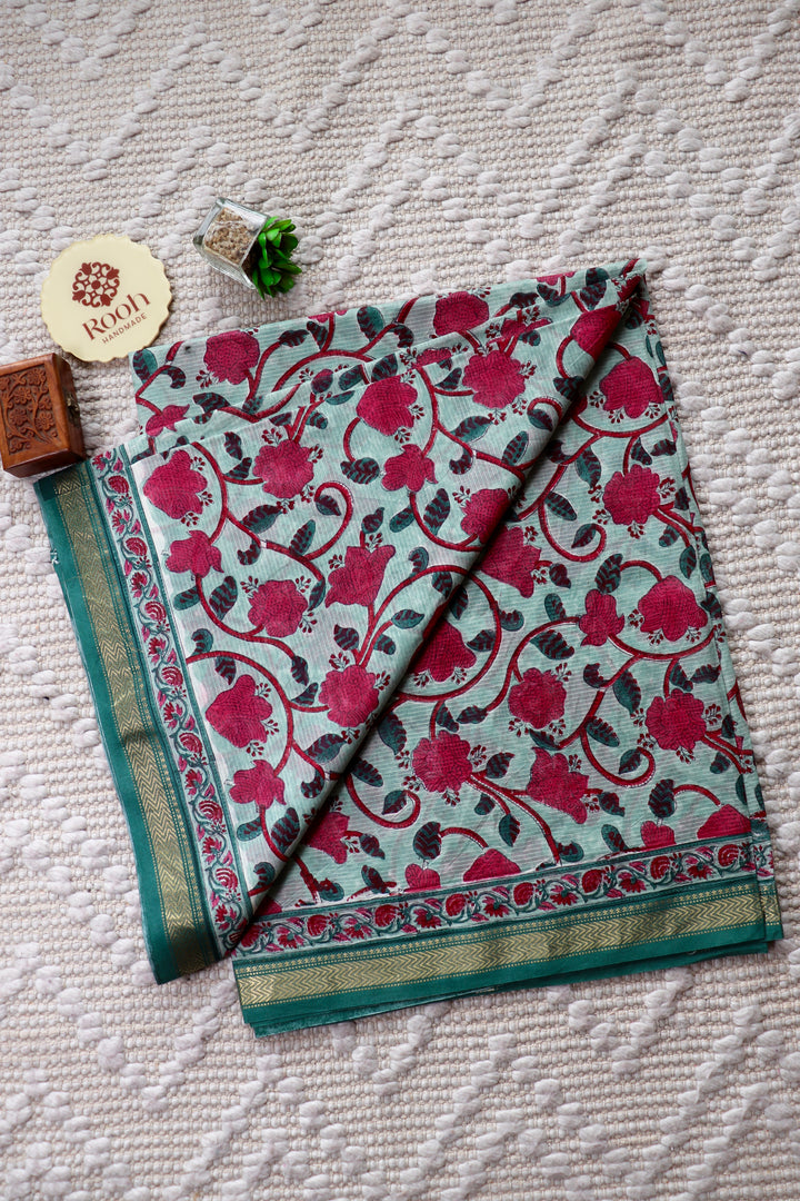 SANGANERI HAND BLOCK PRINTED SILK COTTON SAREE- 001