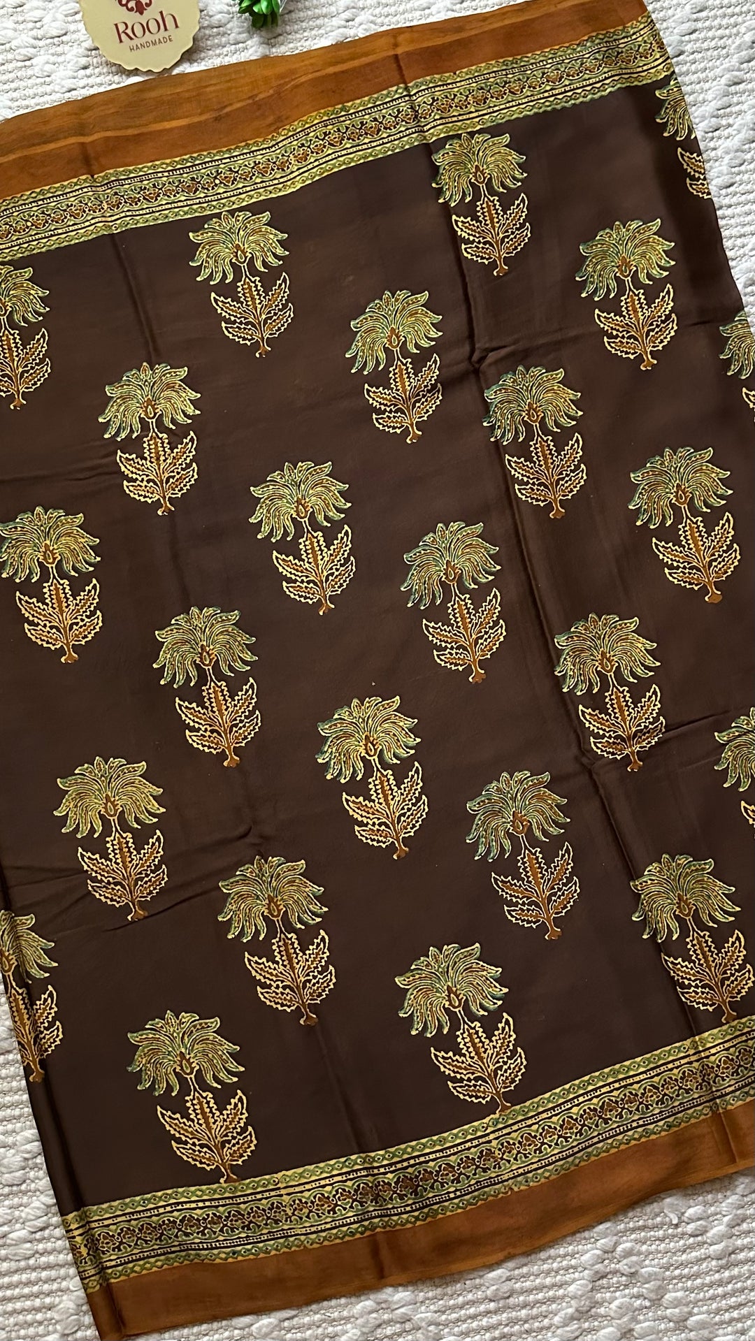 CINNAMON BLOSSOMS - DEEP BROWN PREMIUM AJRAKH HAND BLOCK PRINTED MODAL SILK SAREE(ONLY AVAILABLE ON PRE ORDER- DISPATCH TIME IS 30-45 DAYS)