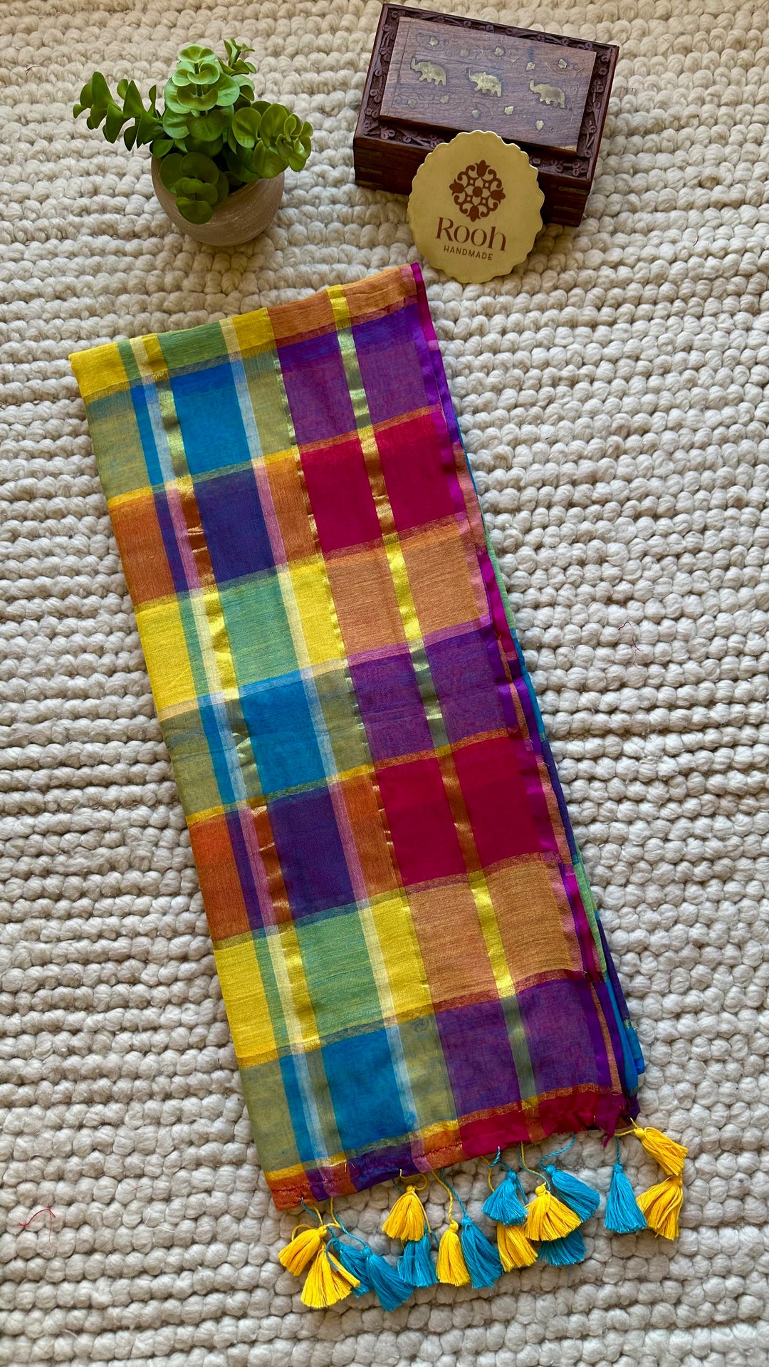 HANDWOVEN MULTICOLOUR ZARI CHECKS PURE MULMUL COTTON SAREE - 09