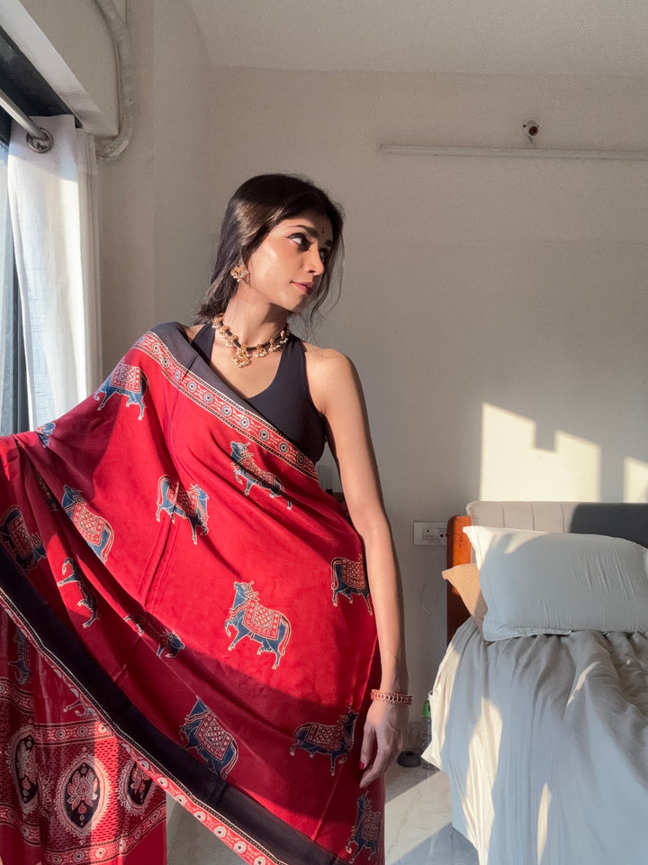MADDER RED & INDIGO PICHWAI NANDI - AJRAKH HAND BLOCK PRINTED MODAL SILK SAREE