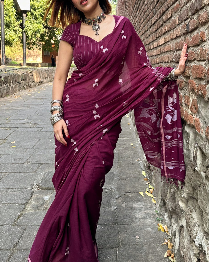 PREMIUM JAMDANI WEAVE HANDWOVEN AND HANDSPUN COTTON SAREE - BURGUNDY WINE