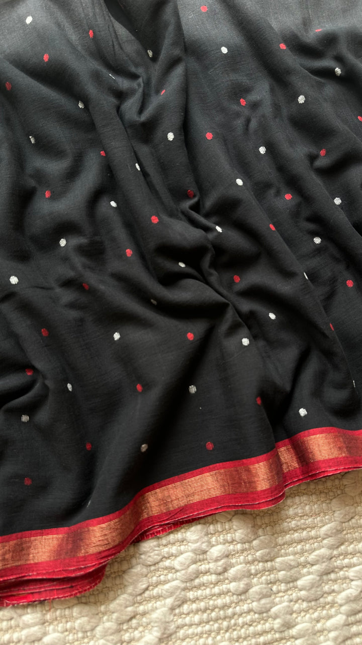PREMIUM JAMDANI WEAVE HANDWOVEN AND HANDSPUN COTTON SAREE -  POLKA DOTS ON MIDNIGHT BLACK