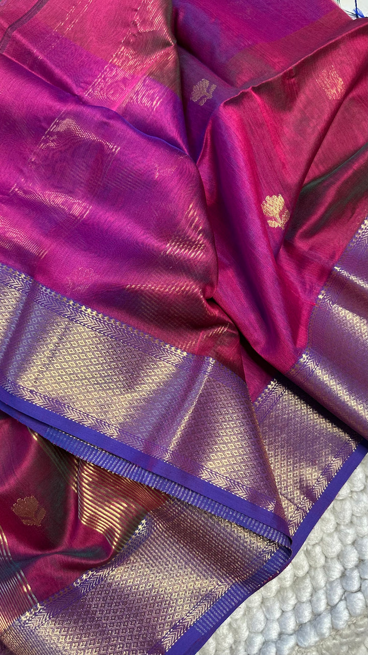 MAGENTA AND BLUE DUAL TONE- PREMIUM HANDWOVEN MAHESHWARI SILK BY COTTON SAREE (DISPATCH IN 7-10 DAYS)