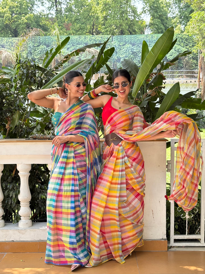 HANDWOVEN MULTICOLOUR CHECKERED MULMUL COTTON SAREE - 04 (DISPATCH TIME - 7 TO 10 DAYS)