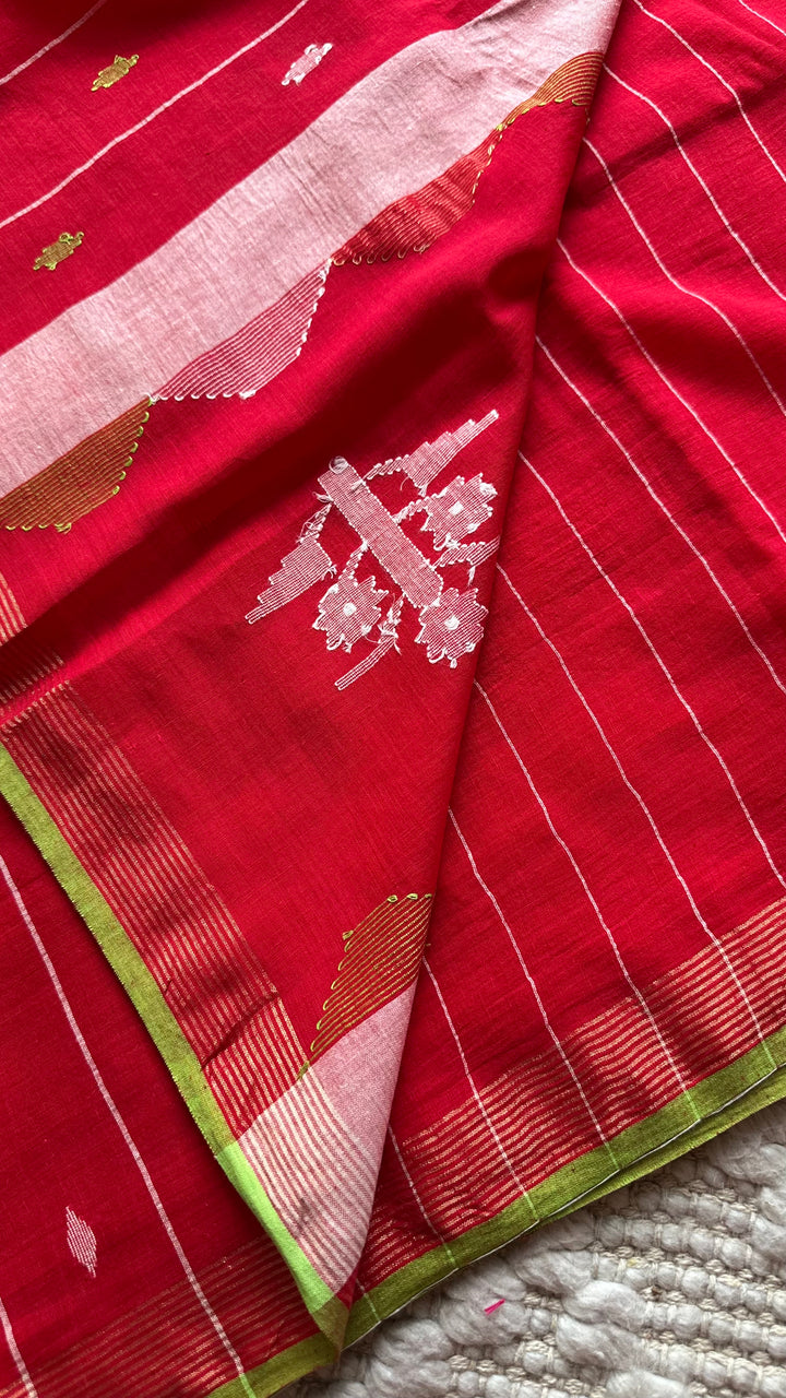 PREMIUM JAMDANI WEAVE HANDWOVEN AND HANDSPUN COTTON SAREE - CRIMSON RED