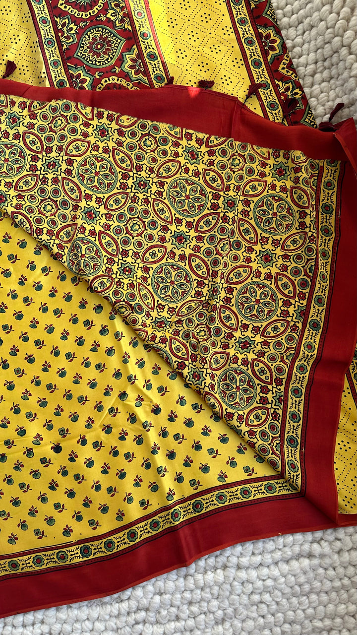 SUNSET BLOOMS - AJRAKH HAND BLOCK PRINTED PREMIUM MODAL SILK SAREE