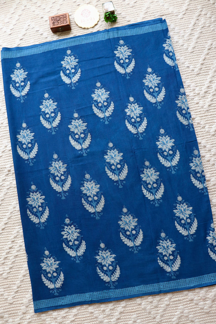 AKOLA INDIGO HAND BLOCK DABU PRINTED SOFT MULMUL COTTON SAREE- 019