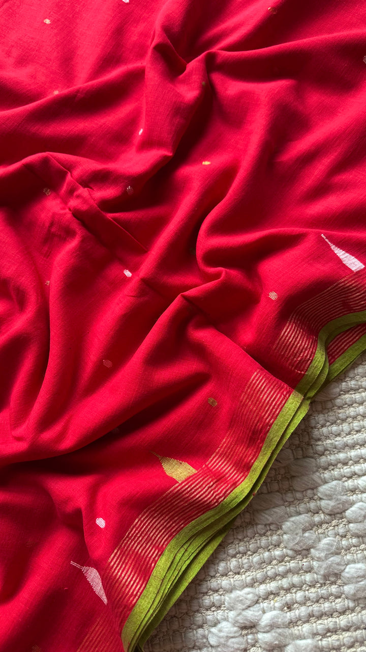 PREMIUM JAMDANI WEAVE HANDWOVEN AND HANDSPUN COTTON SAREE - CRIMSON RED