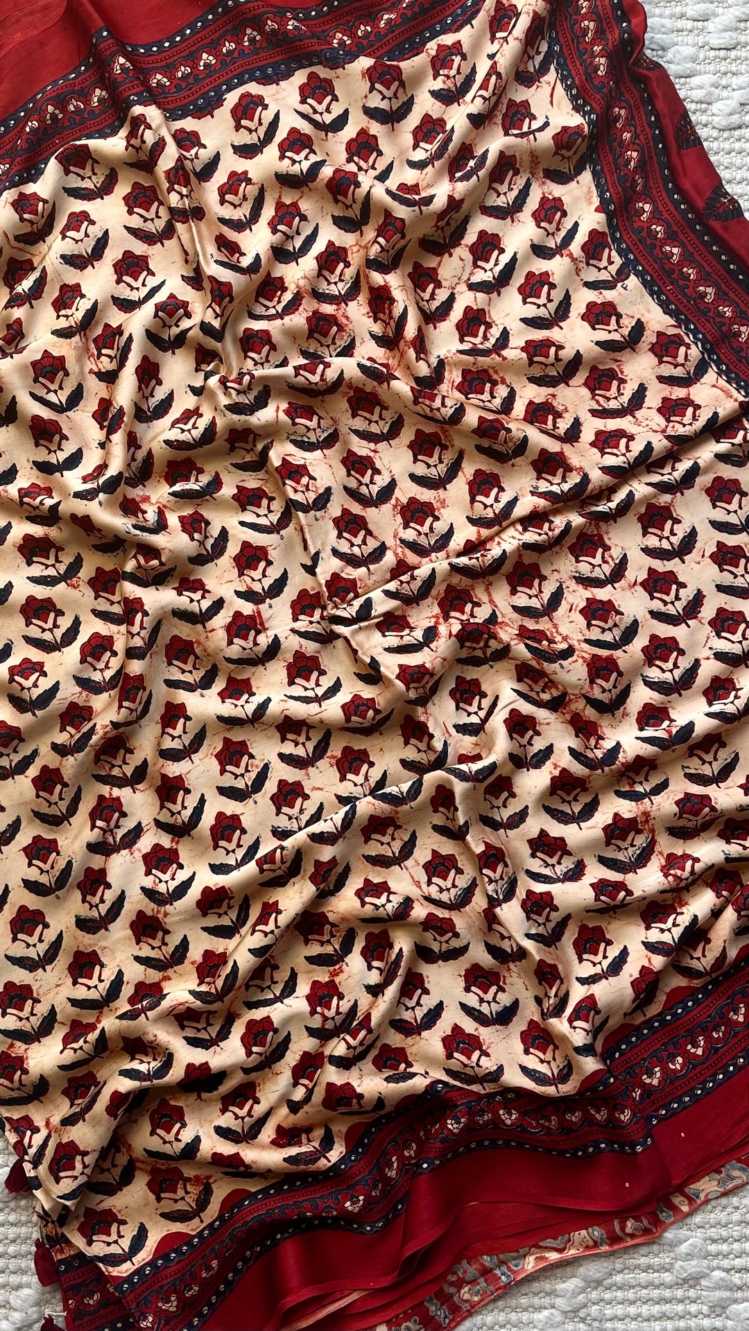 HUES OF AUTUMN- SUPER PREMIUM & BUTTERY SOFT AJRAKH HAND BLOCK PRINTED MODAL SILK SAREE (DISPATCH TIME IS 5 TO 7 DAYS)