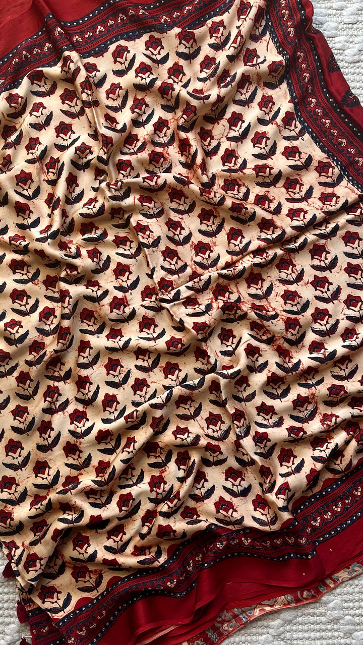 HUES OF AUTUMN- SUPER PREMIUM & BUTTERY SOFT AJRAKH HAND BLOCK PRINTED MODAL SILK SAREE (DISPATCH TIME IS 5 TO 7 DAYS)