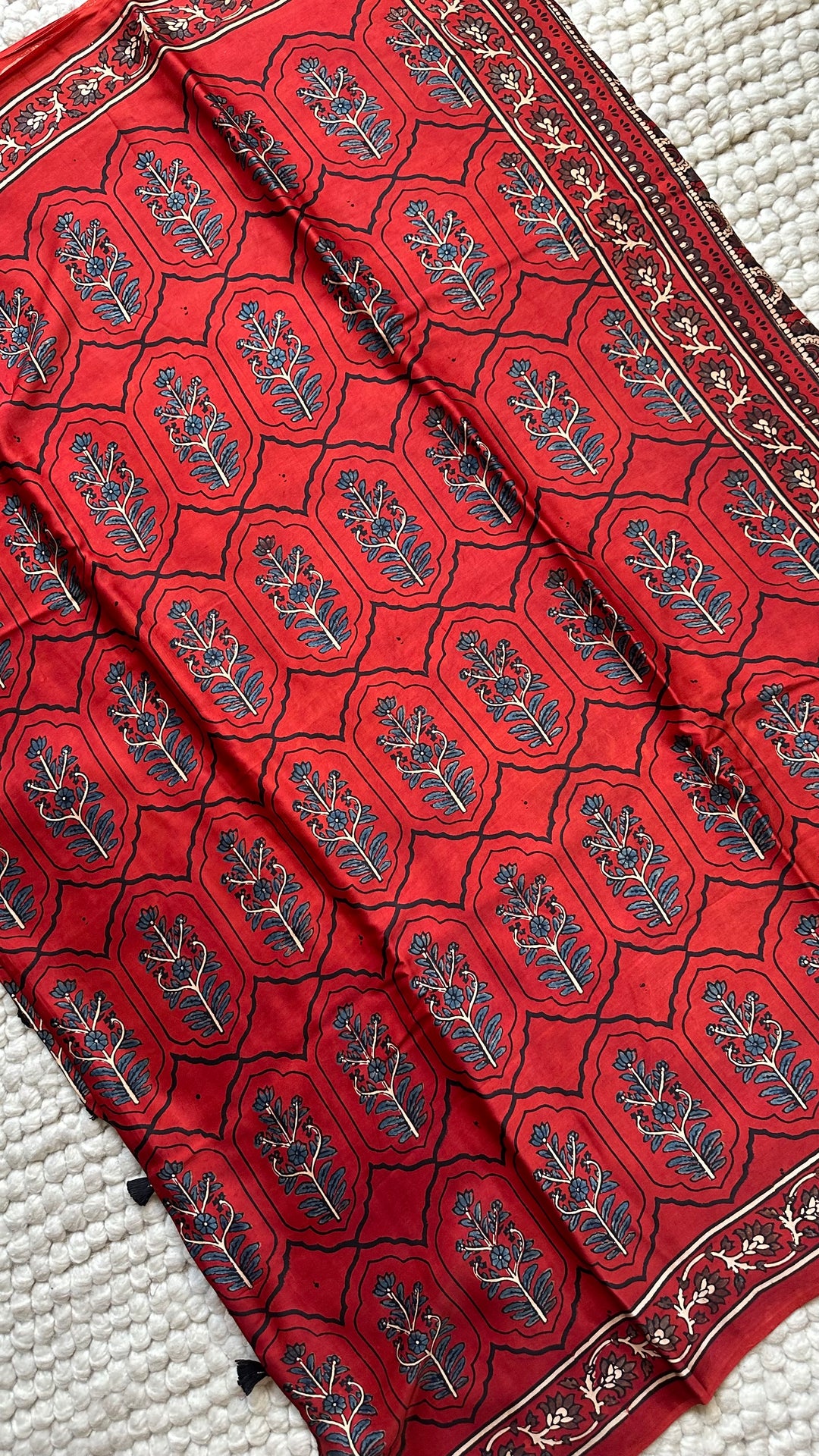 JHAROKHA- MADDER RED AJRAKH HAND BLOCK PRINTED PREMIUM MODAL SILK SAREE