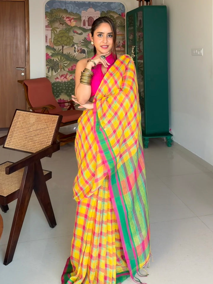 SUPER PREMIUM JAMDANI WEAVE HANDWOVEN MADRAS CHECKS JAYASHREE LINEN SAREE - VIBRANT YELLOW & PINK (AVAILABLE ON PRE-ORDER - DISPATCH TIME IS 40-45 DAYS APPROXIMATELY)