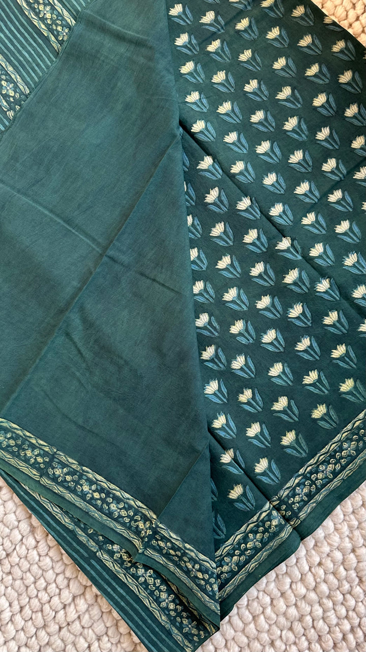 AKOLA INDIGO GREEN HAND BLOCK DABU PRINTED SOFT MULMUL COTTON SAREE- 032
