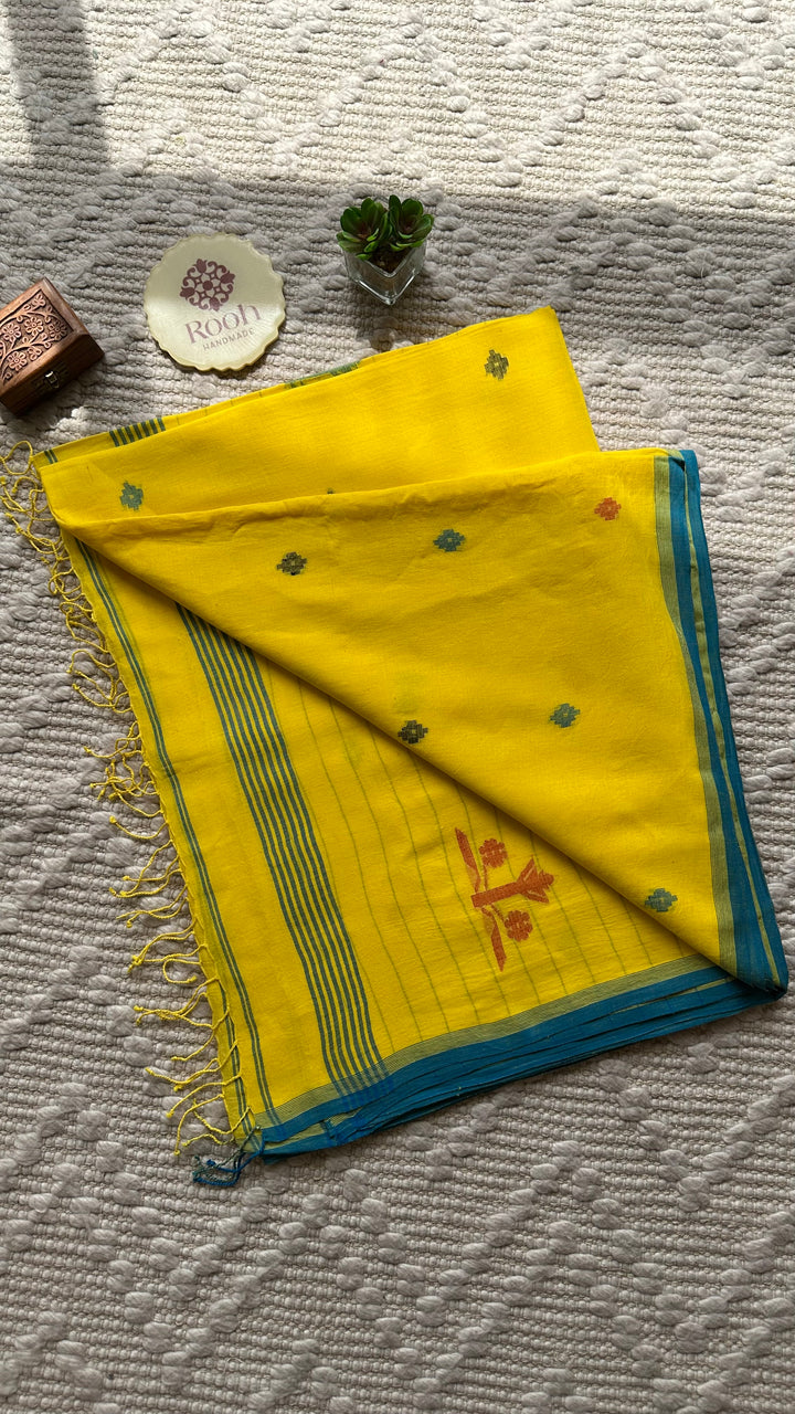 PREMIUM JAMDANI WEAVE HANDWOVEN AND HANDSPUN COTTON SAREE -  FRESH LEMON YELLOW