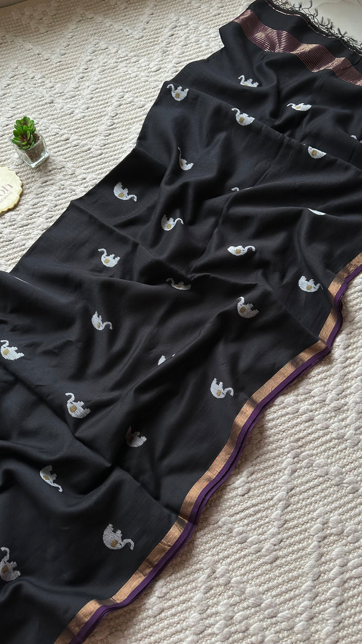 PREMIUM JAMDANI WEAVE HANDWOVEN PURE SILK BY PURE COTTON SAREE - OXFORD BLACK