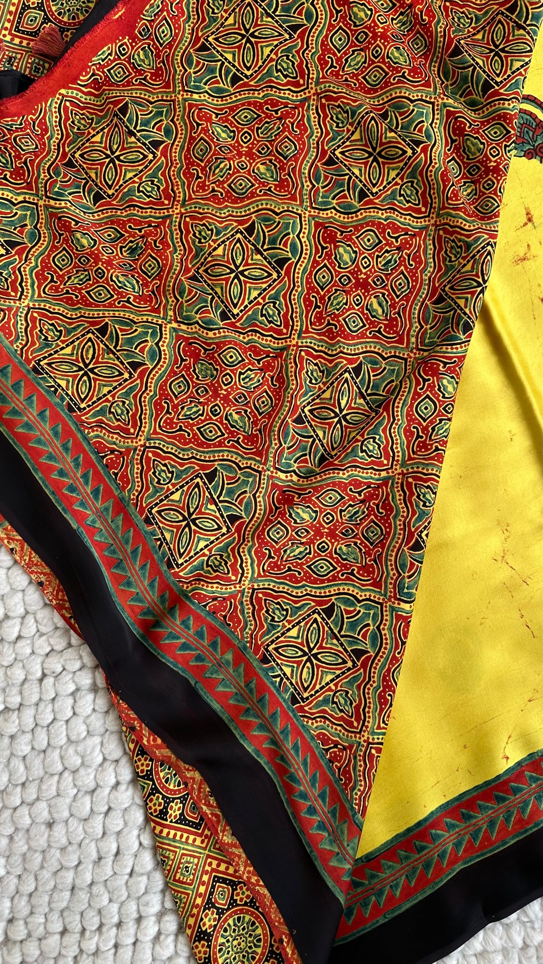 YELLOW CHARMS - AJRAKH HAND BLOCK MARBLE PRINTED PREMIUM MODAL SILK SAREE  (ONLY AVAILABLE ON PRE-ORDER - DISPATCH TIME IS 30-35 DAYS)
