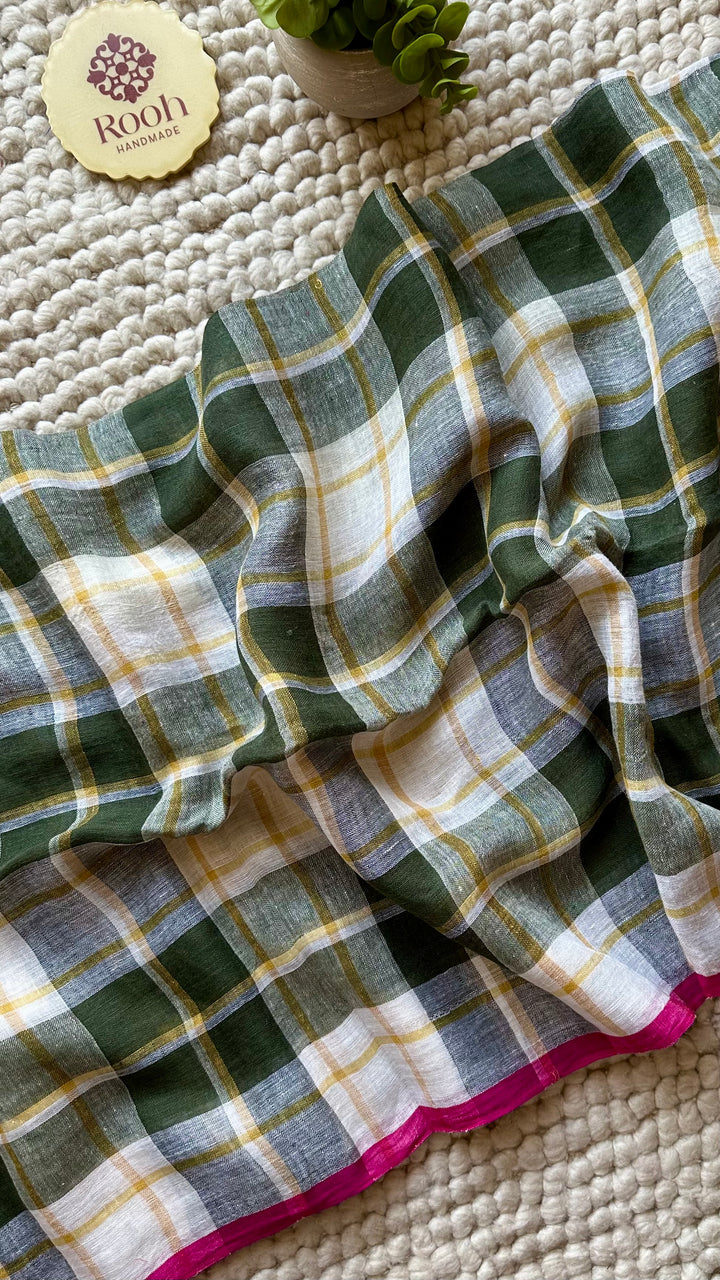 Multi Colour Checked Pure Handwoven Linen Saree - 006