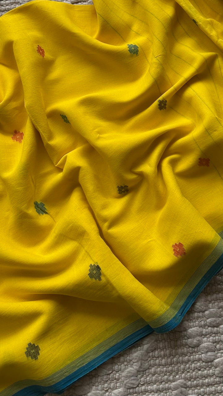 PREMIUM JAMDANI WEAVE HANDWOVEN AND HANDSPUN COTTON SAREE -  FRESH LEMON YELLOW