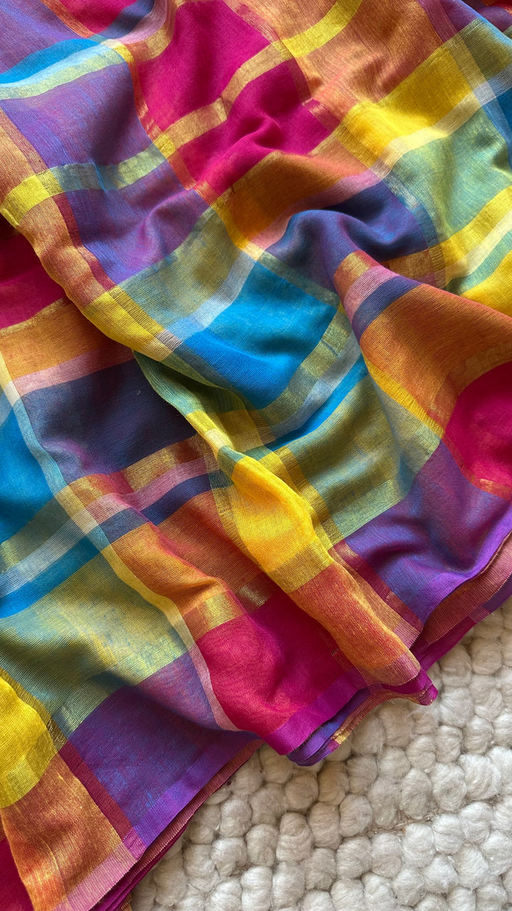 HANDWOVEN MULTICOLOUR ZARI CHECKS PURE MULMUL COTTON SAREE - 09