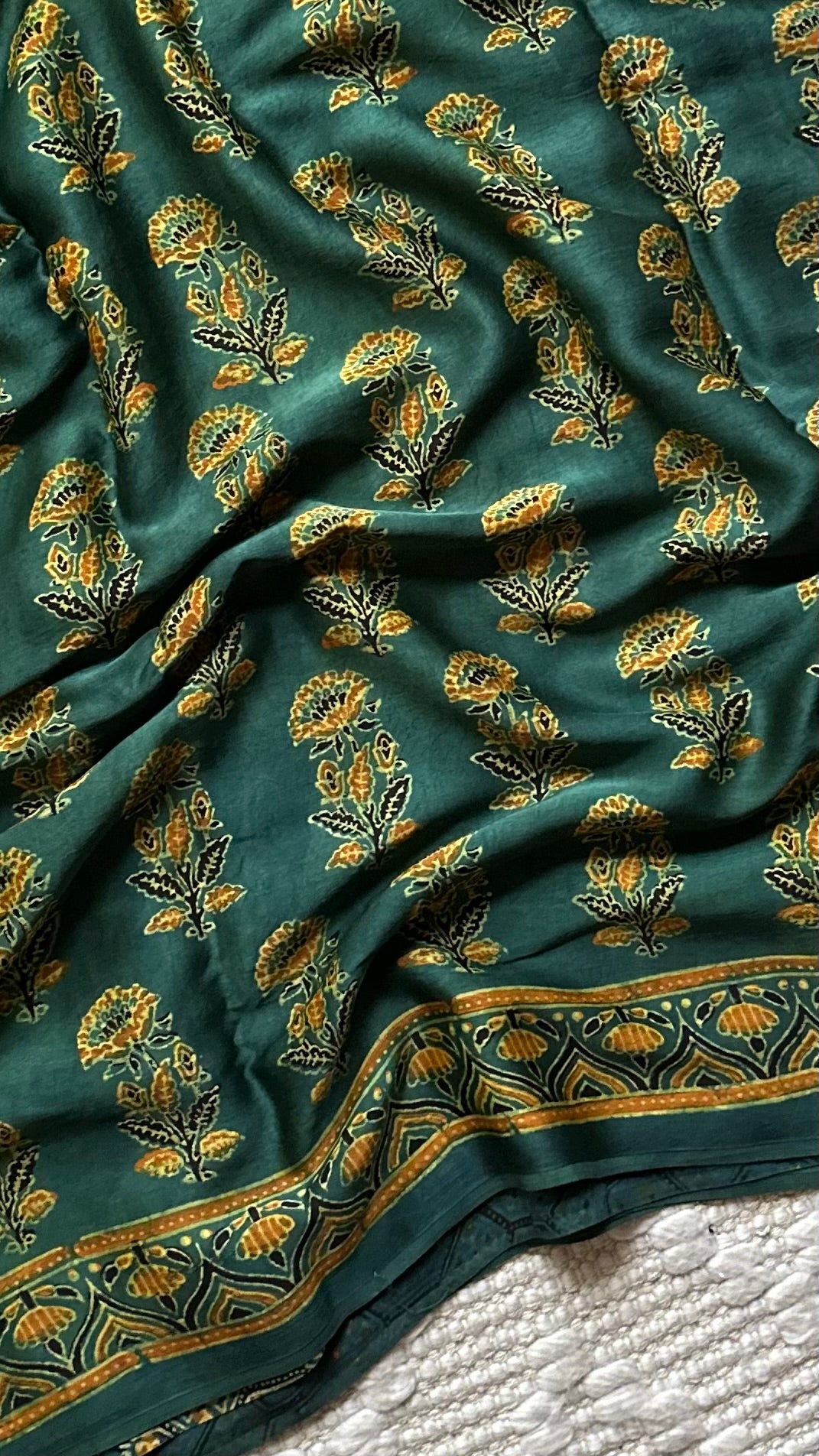 MAHIKA - DEEP GREEN PREMIUM AJRAKH HAND BLOCK PRINTED MODAL SILK SAREE
