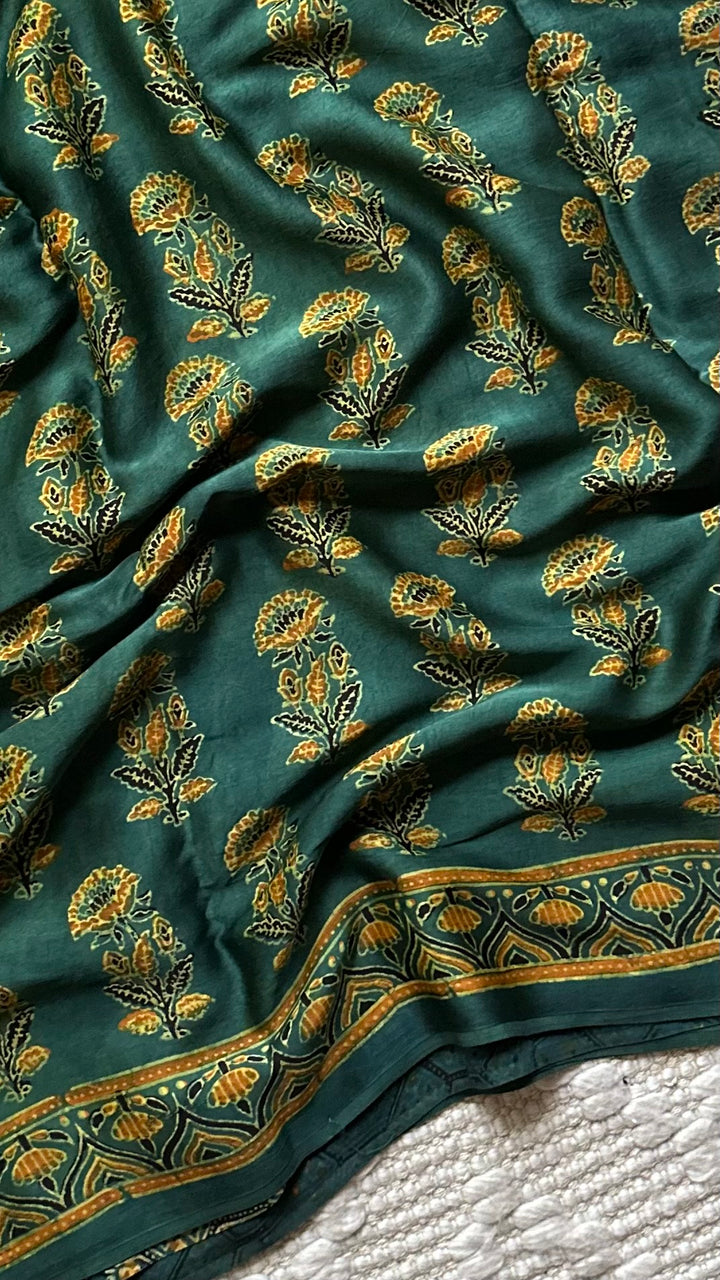 MAHIKA - DEEP GREEN PREMIUM AJRAKH HAND BLOCK PRINTED MODAL SILK SAREE