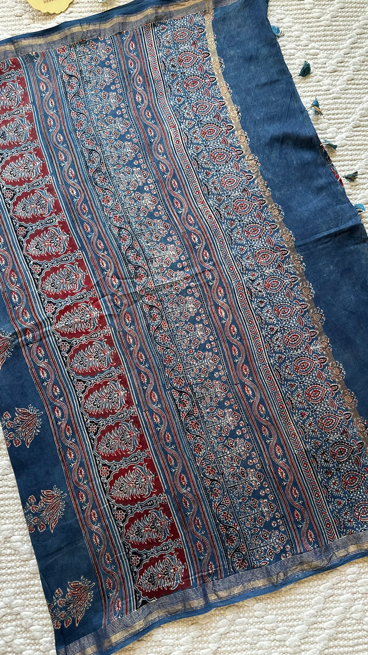 LOTUS PANES - MADDER RED AND INDIGO AJRAKH HAND BLOCK PRINTED SILK COTTON SAREE