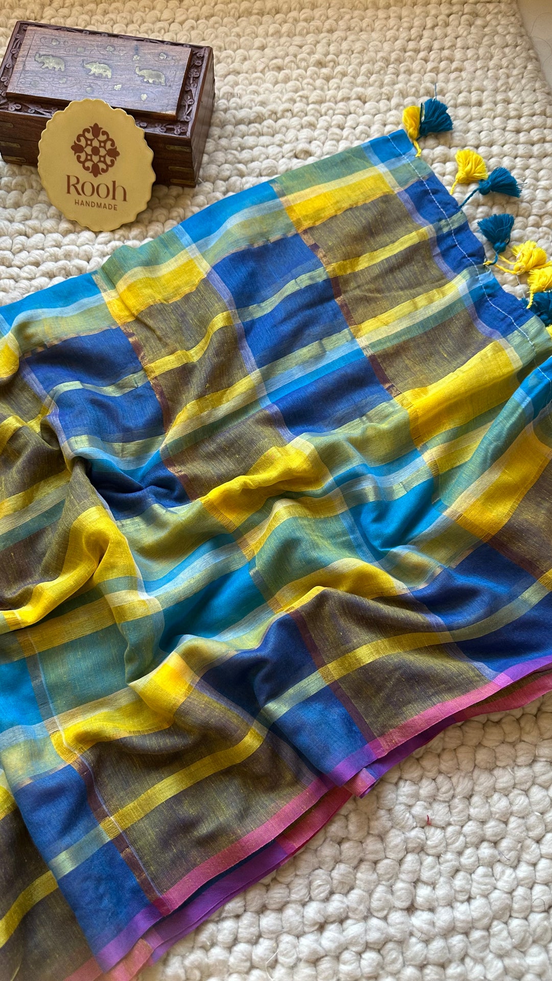 HANDWOVEN MULTICOLOUR ZARI CHECKS PURE MULMUL COTTON SAREE - 07