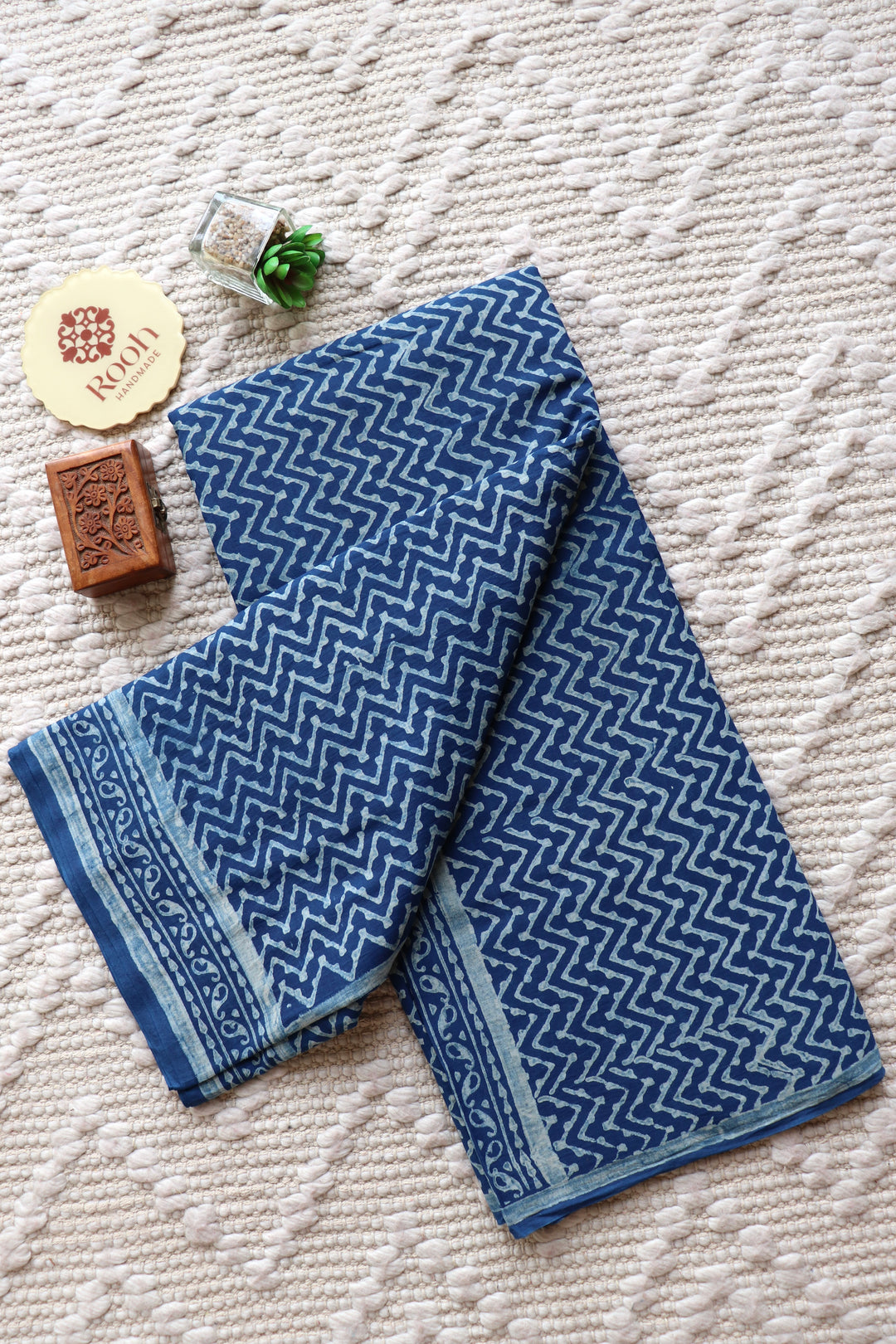AKOLA INDIGO HAND BLOCK DABU PRINTED SOFT MULMUL COTTON SAREE- 023