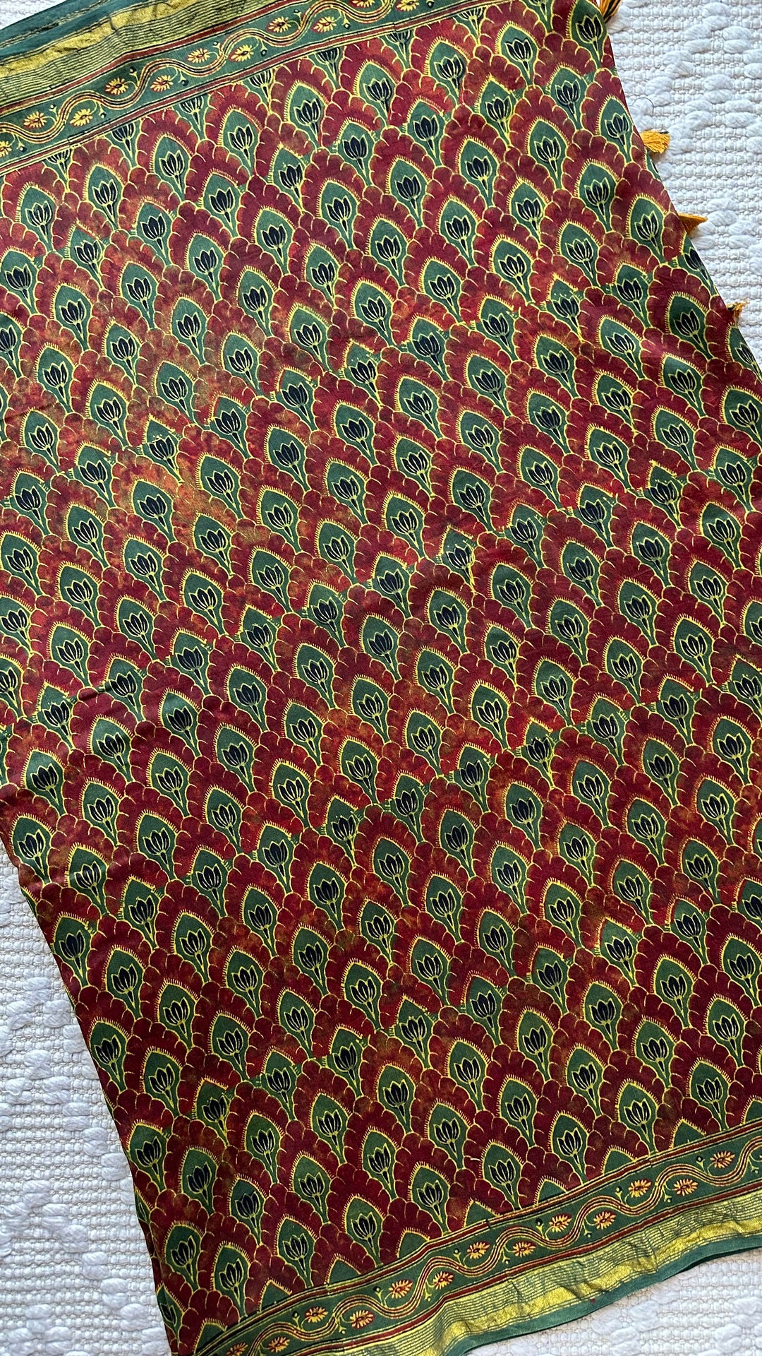 LOTUS PANES - MADDER RED AND GREEN AJRAKH HAND BLOCK PRINTED SILK COTTON SAREE