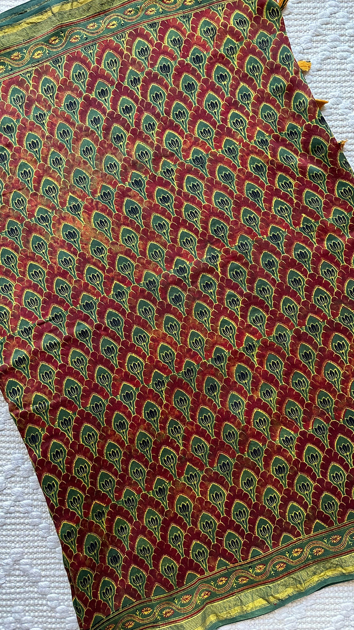 LOTUS PANES - MADDER RED AND GREEN AJRAKH HAND BLOCK PRINTED SILK COTTON SAREE