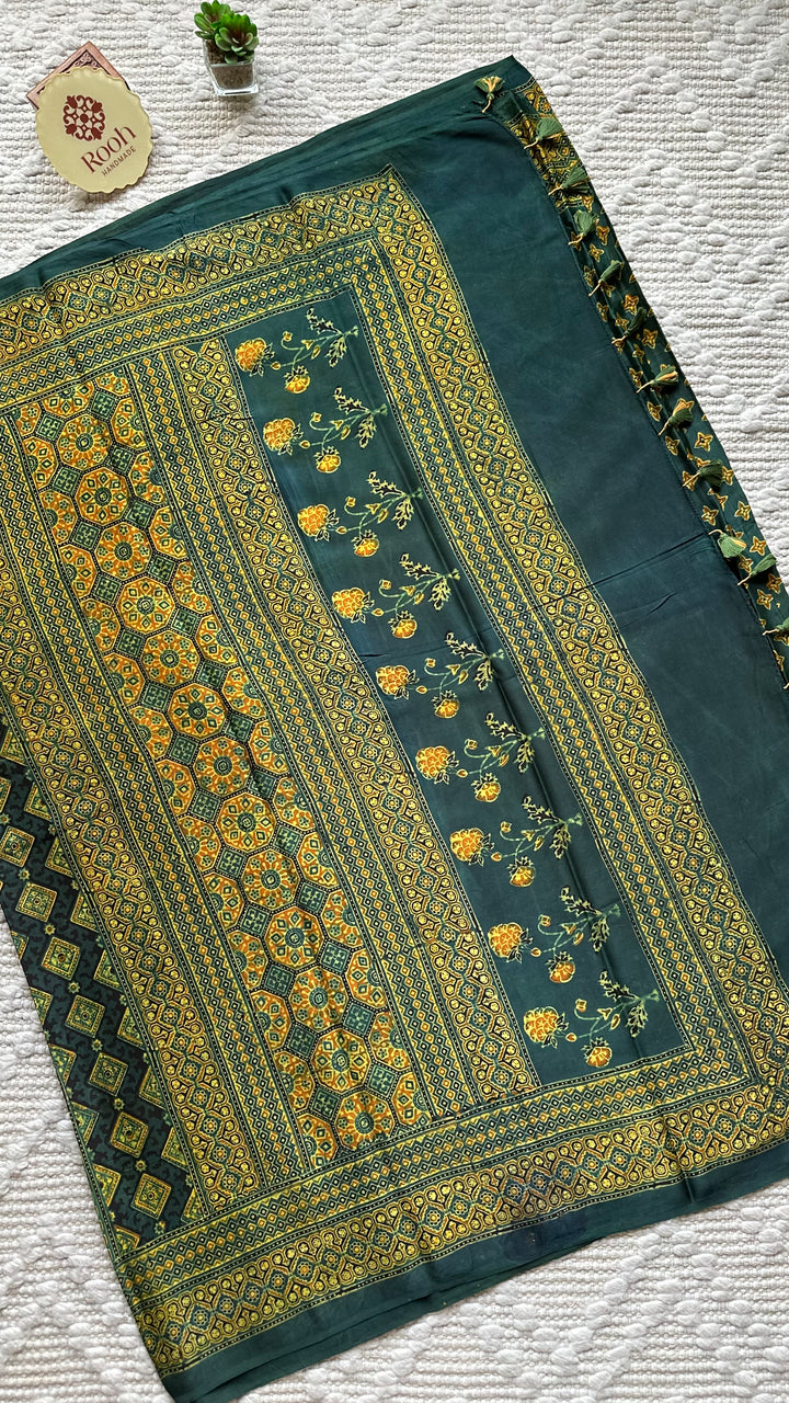 STARS IN THE FOREST - PREMIUM AJRAKH HAND BLOCK PRINTED MODAL SILK SAREE
