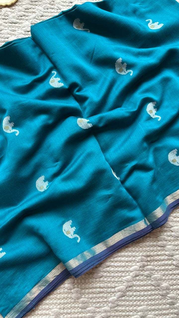 PREMIUM JAMDANI WEAVE HANDWOVEN PURE SILK BY PURE COTTON SAREE - TEAL BLUE