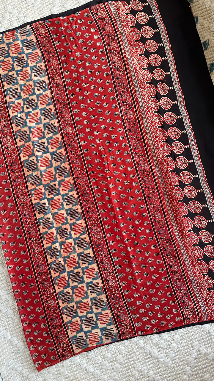 RAAHINI - MADDER RED PREMIUM AJRAKH HAND BLOCK PRINTED MODAL SILK SAREE